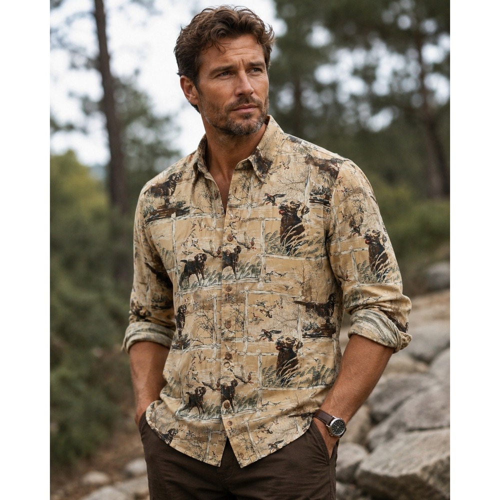 Vintage Ks Outdoors Mens XL Cotton Lab Dog Duck Wildlife Print Button Down Shirt